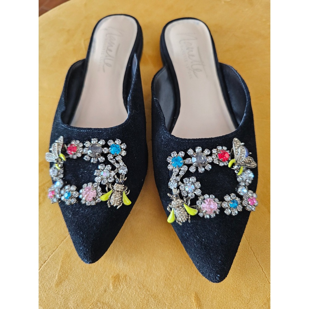 Nanette Lepore Doris Black Suede Jeweled Bee Mules NL18DRS01 Womens 6M